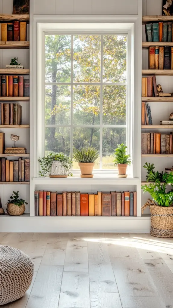 bookshelves around window 1