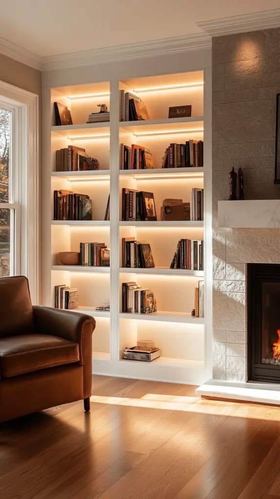 bookshelves next to fireplace 1