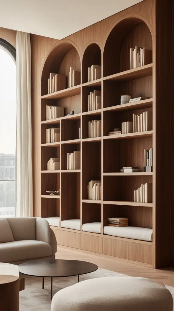 built in arched bookshelves 1