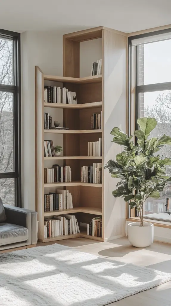 corner bookshelves living room 1