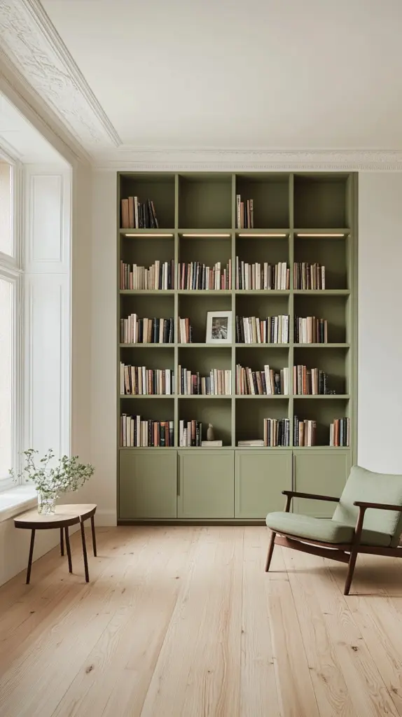 green built in bookshelves 1