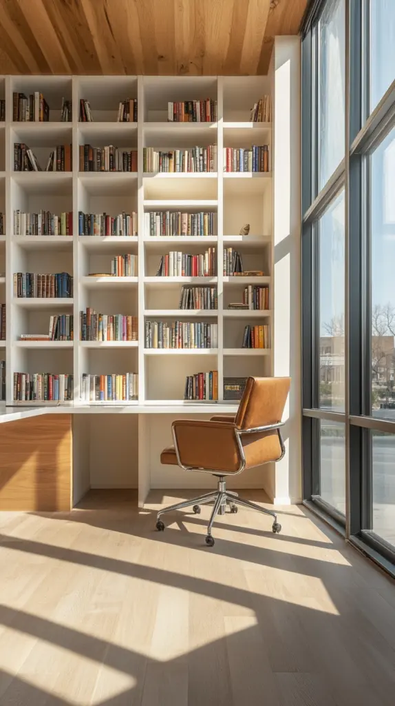 office with built in bookshelves 1