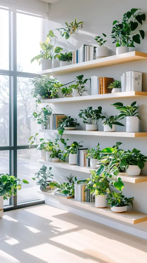 plants on bookshelves 1